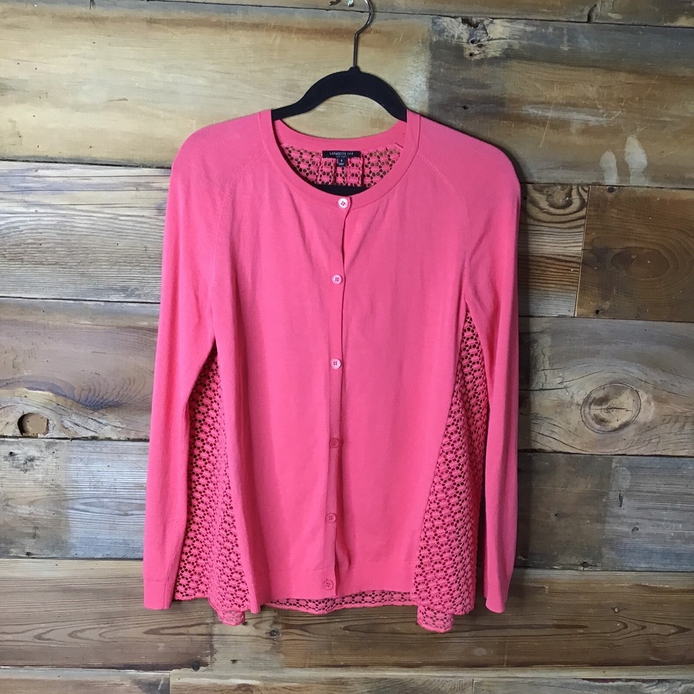 Lafayette 148 Coral Cardigan A-Line Cotton Open Lace Back Size Small